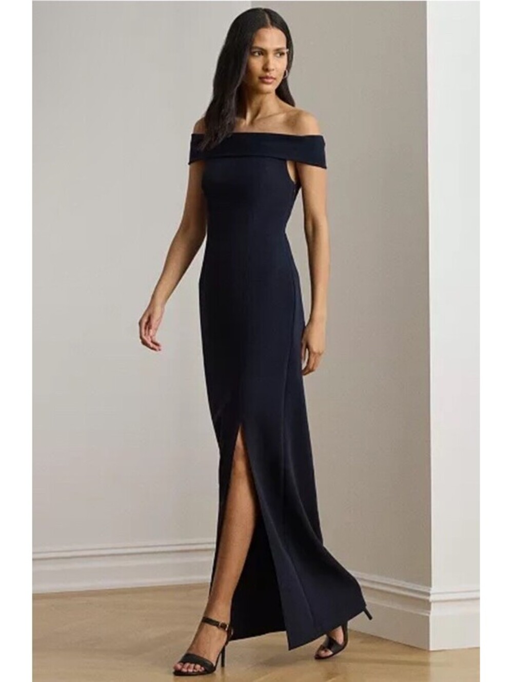 New Lauren Ralph Lauren Off-the-Shoulder Gown In Navy Size 10 $245